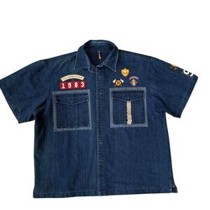 Raw Blue vintage denim short-sleeve button-up shirt with patches Y2K Size 2XL